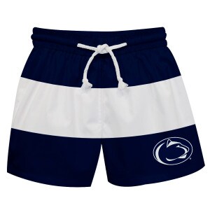 toddler swim trunks navy and white stripes, Penn State Athletic Logo on left thigh